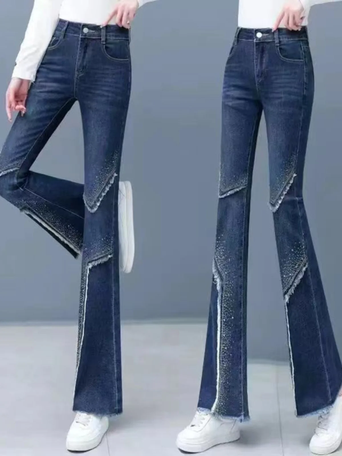 

Женские джинсы-клеш с высокой талией, весна-осень, новинка, эластичный дизайн, эффектный крой, джинсы-клеш с эффектом «рыбий хвост»