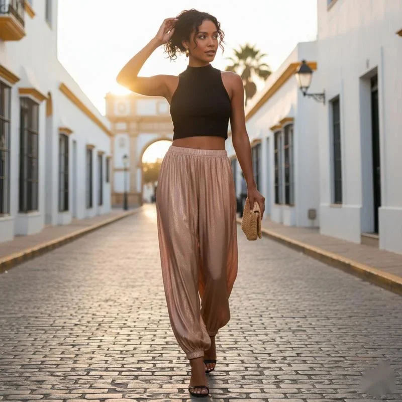 Women Shiny Balloon Pants Low Waist Loose Harem Trousers Elastic Cuff Wide Leg Draped Streetwear Long Pants Casual Style