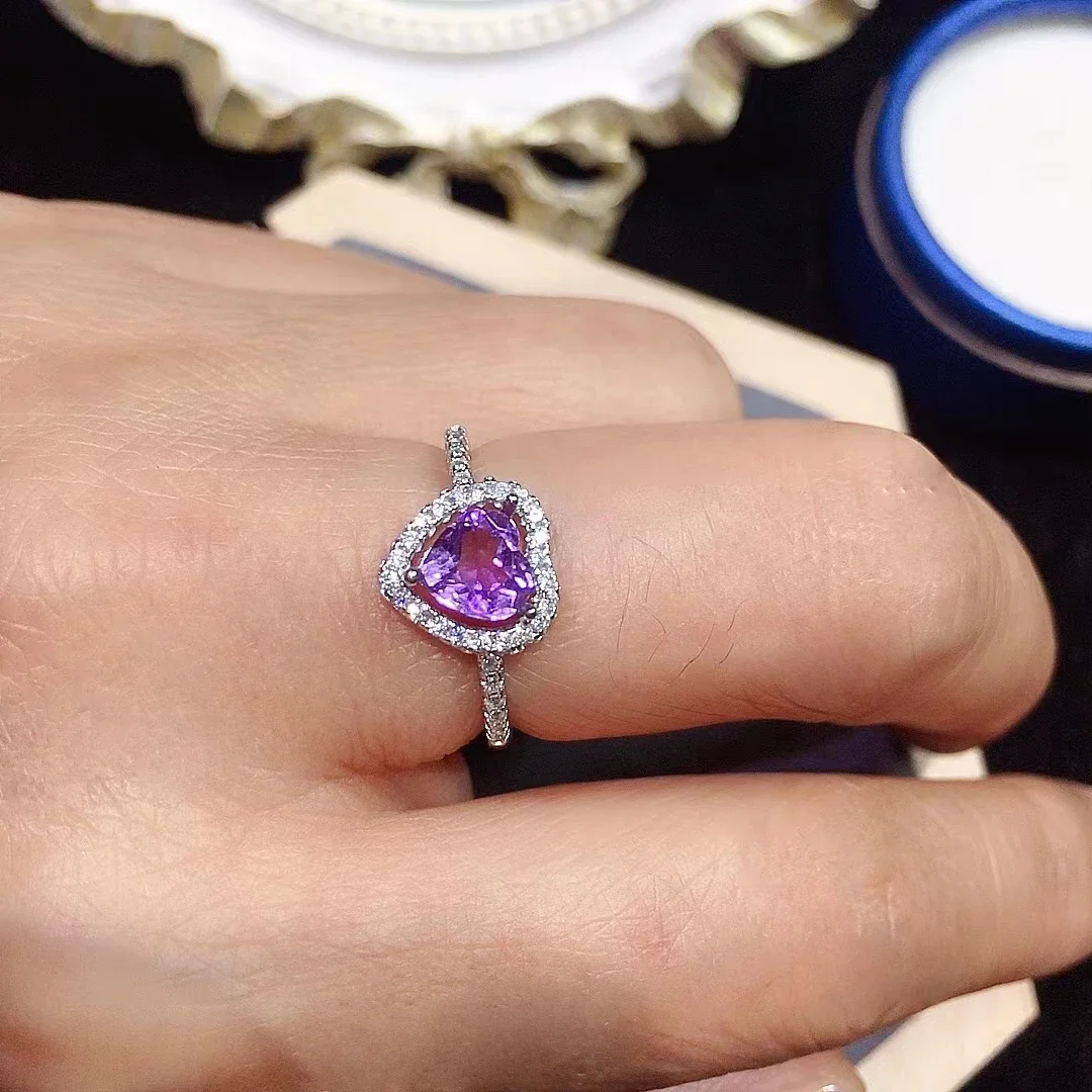 

Heart Amethyst Ring for Daily Wear 6mm 0.6ct Natural Amethyst 925 Silver Ring with 3 Layers 18K Gold Plating