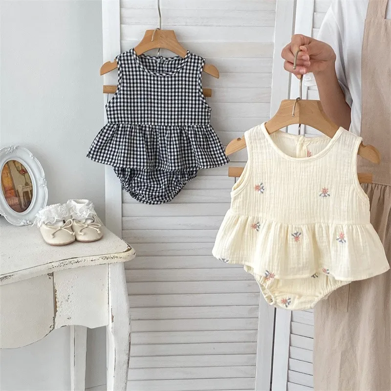 Facejoyous Summer Baby Embroider Tops + Bread Shorts 2 Pieces Suit Girls Cotton Lattice Clothing Set Kid Girl Sleeveless Clothes