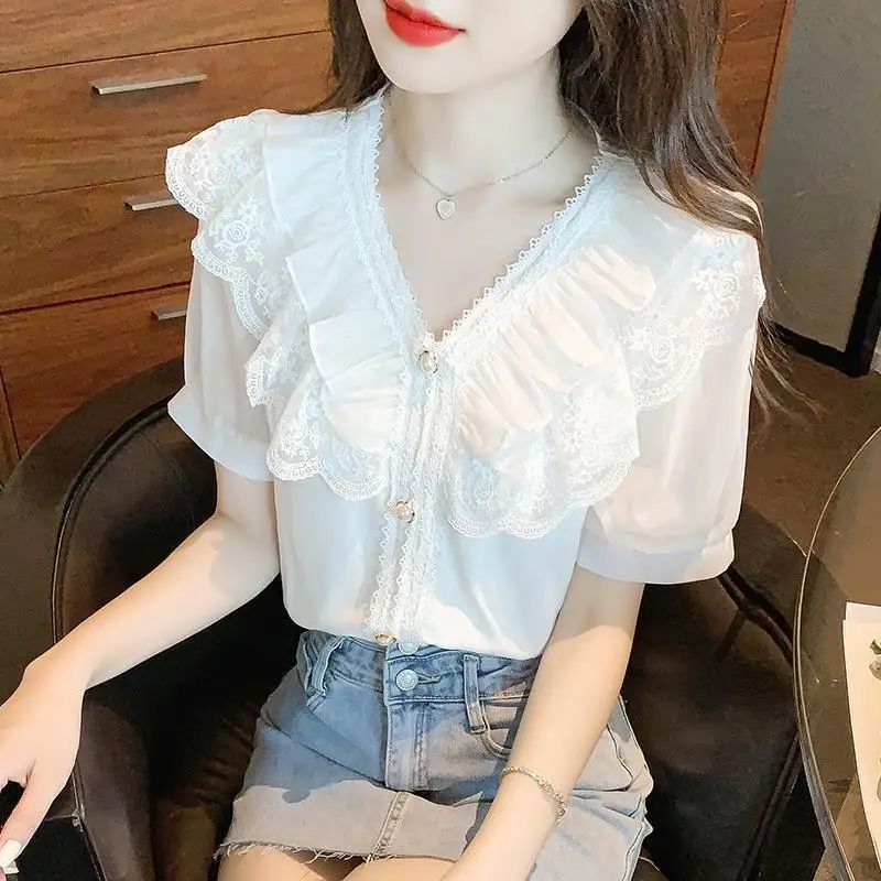 Women\'s Summer Stylish Ruffle Lace Patchwork Blouse White Elegant Chic Sweet Beaded Shirt V Neck Short Sleeve Tops Casual Blusas