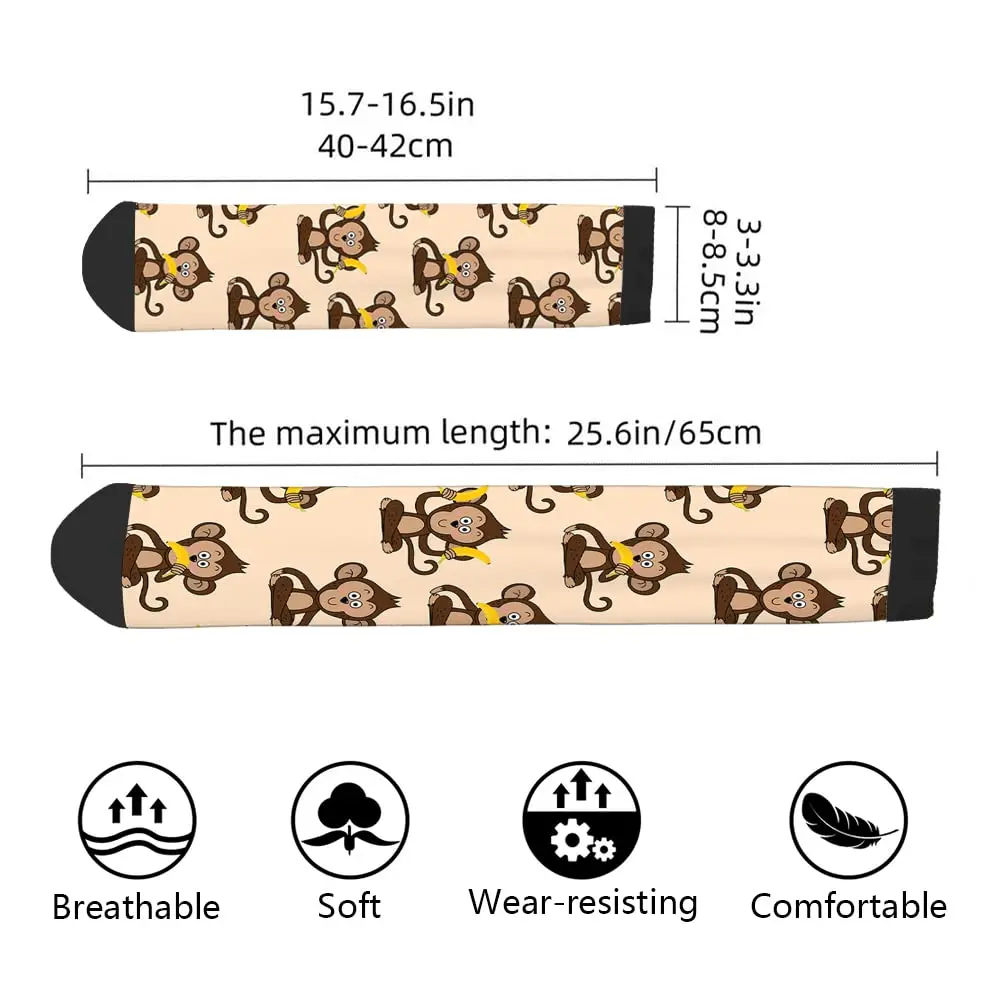 Cartoon Monkey Funny Socks Cute Animal Wildlife Monkeys and Banana Casual Crew Socks Contrast Color Design for Women Men Gift — zdjęcie 2