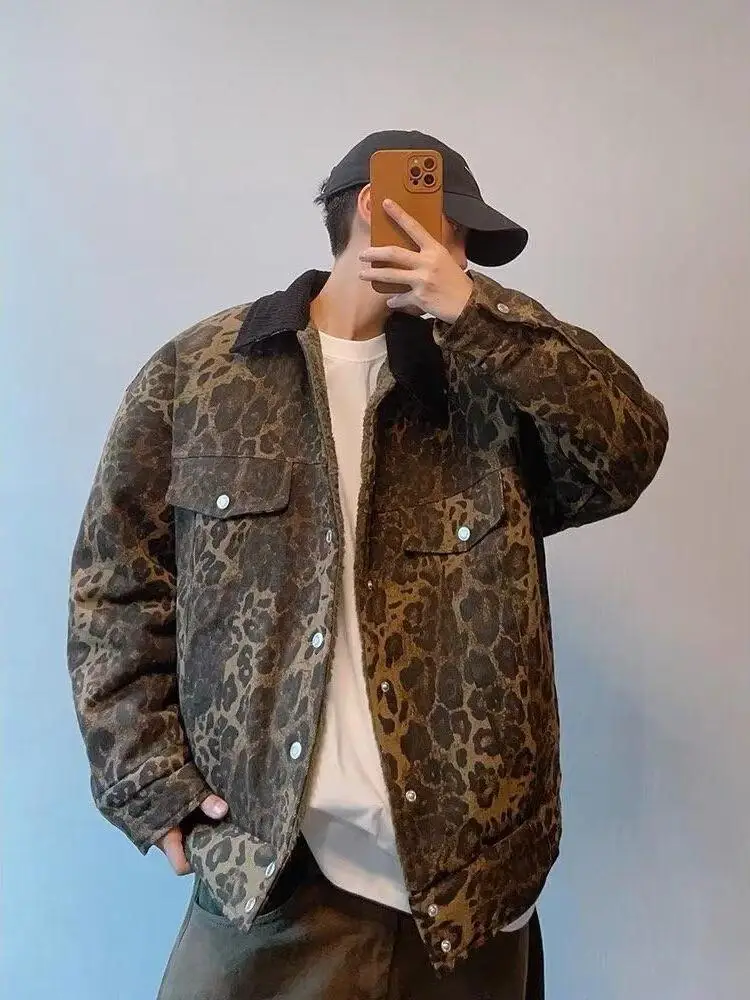 

Loose Fit Men's Jaet Autumn Winter Casual Leopard Print Stand Collar Outerwear Street Sle Trendy Brand Youth Faion Poly...