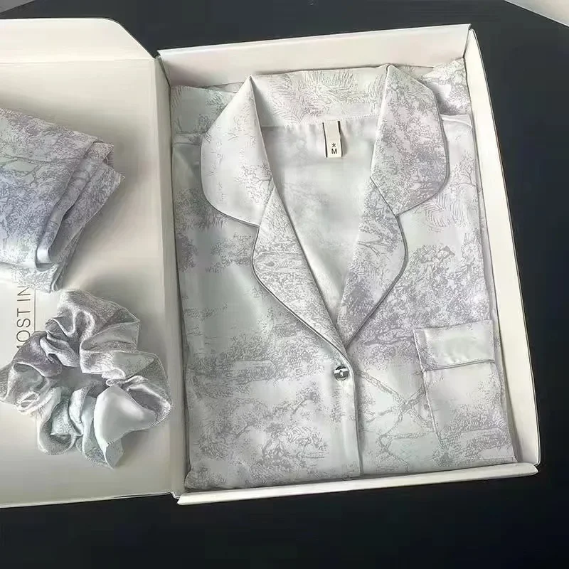 Women\'s Gray Ink Painting Ice Silk Pajamas Ladies Spring and Autumn Thin Long-Sleeved High-End Sleepwear Loungewear Cherry Print