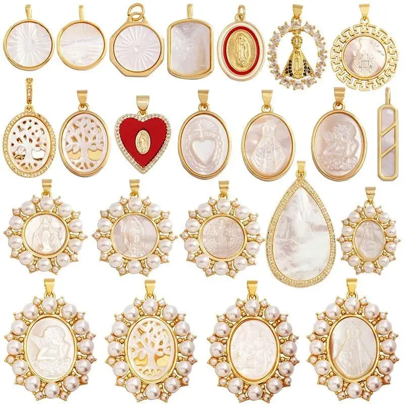 Vergoldete Anhänger aus Naturmuschelperlen mit verschiedenen religiösen Motiven für die Herstellung von DIY-Schmuck, Halsketten, Armbändern und Geschenken. – Detail 3