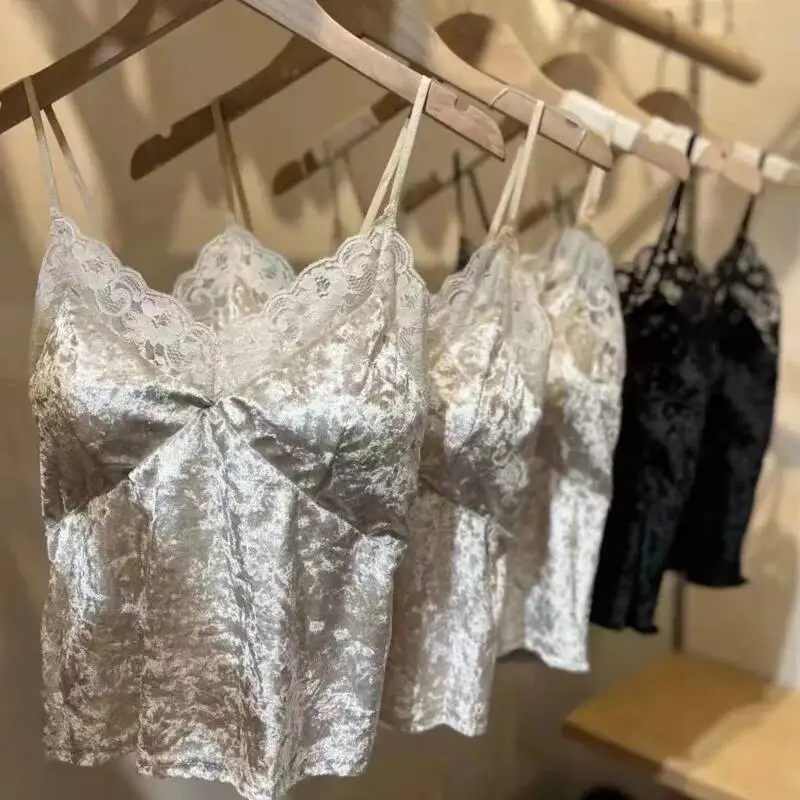V-neck Lace Trim Thin Strap Velvet Camisole Women's Summer Fashionable Temperament Multiple Styles Adjustable Straps  Camisole