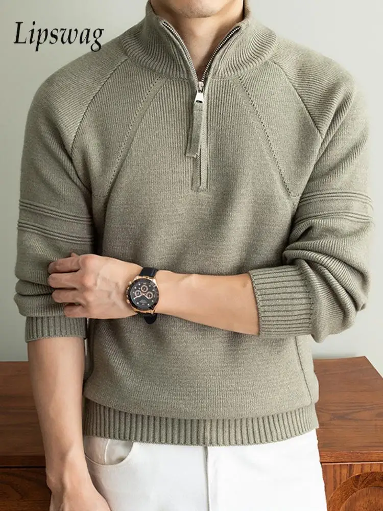 Daily Casual Men Stand Collar Knitted Sweater Vintage Solid Color Long Sleeve Thick Pullover Autumn Winter Warm Polo Shirts Men