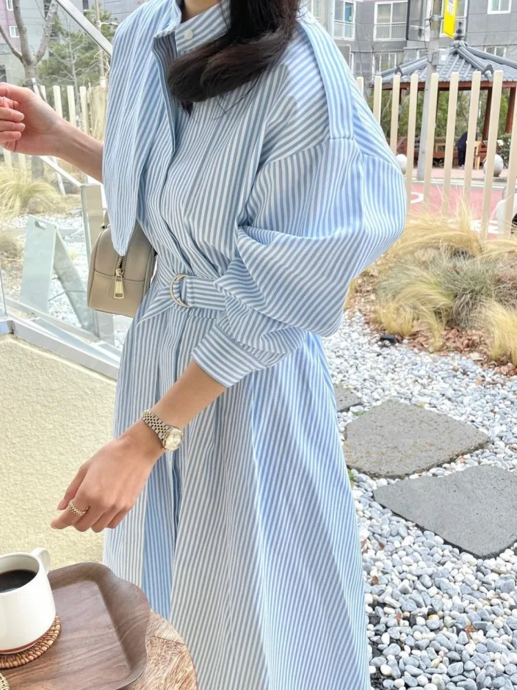 Spring Summer Women\'s Long Striped Shirt Dress with Belt Full Sleeve Stand Collar Slim A-line Dresses Female 2024