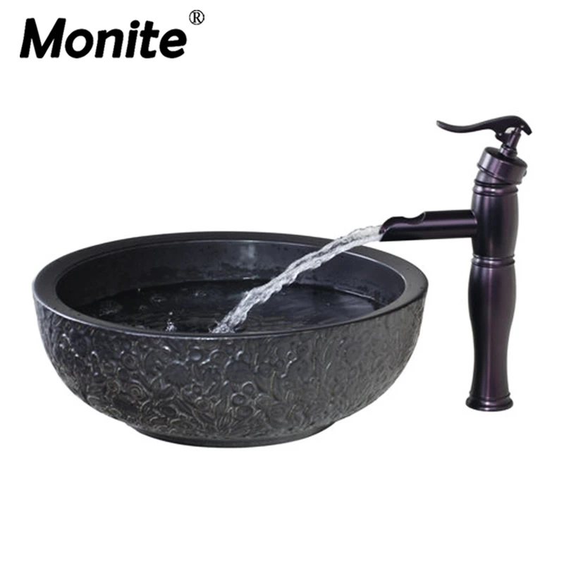 

Monite ORB Black Basin Tap Bathroom Sink Washbasin Ceramics Hand-Paint Lavatory Combine Brass Set Faucet Mixer Tap