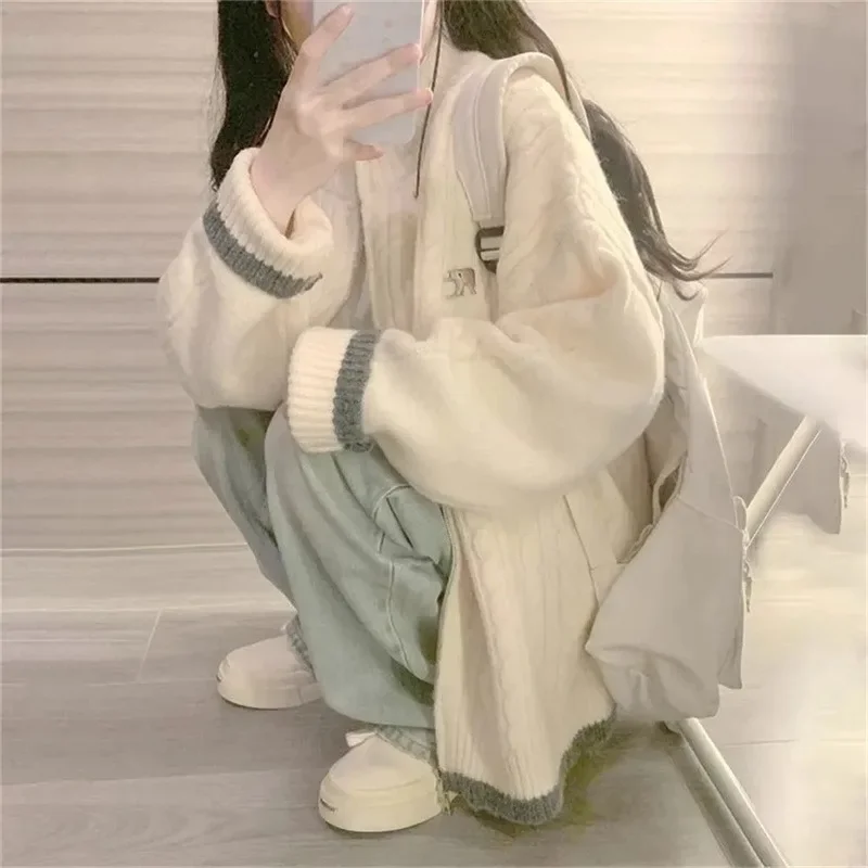 Sweter z panelami Kardigan Kobiety Jesień Zima Słodkie Studenci Baggy Zamki O-neck Zaprojektowany Dzianinowy Przytulny Ulzzang Streetwear Ins