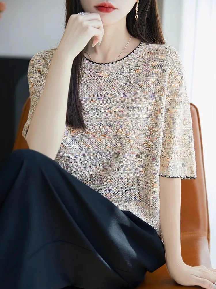 

Круглая трикотажная футболка Ne Spandex ort Sve, женский свободный топ для похудения f Sve Fine Weave, летняя тонкая футболка