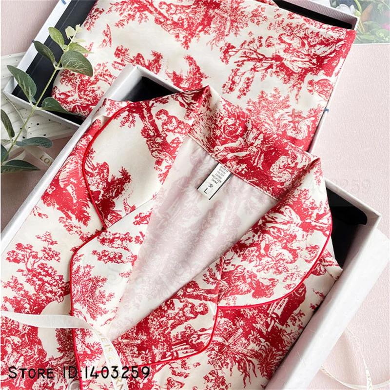 Women 2PCS Pajamas Set Spring Summer Satin Sleepwear Long Sleeve Trouser Suits Nightwear Loose Print Home Clothes Lounge Wear