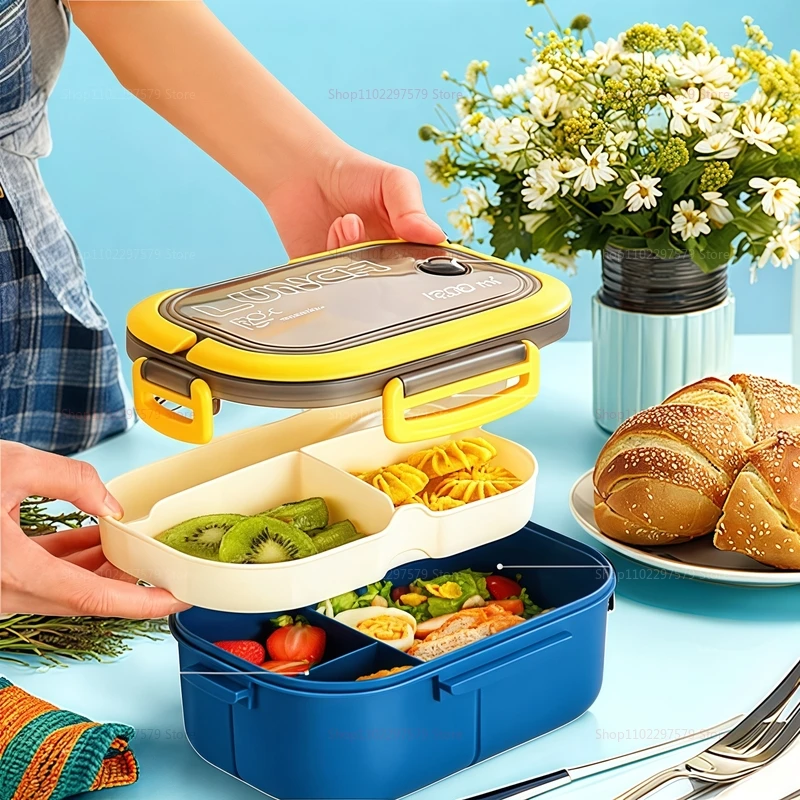 Fiambrera Bento portátil de doble capa a prueba de fugas con cubiertos, comida segura para microondas para niños, accesorios de cocina para la escuela