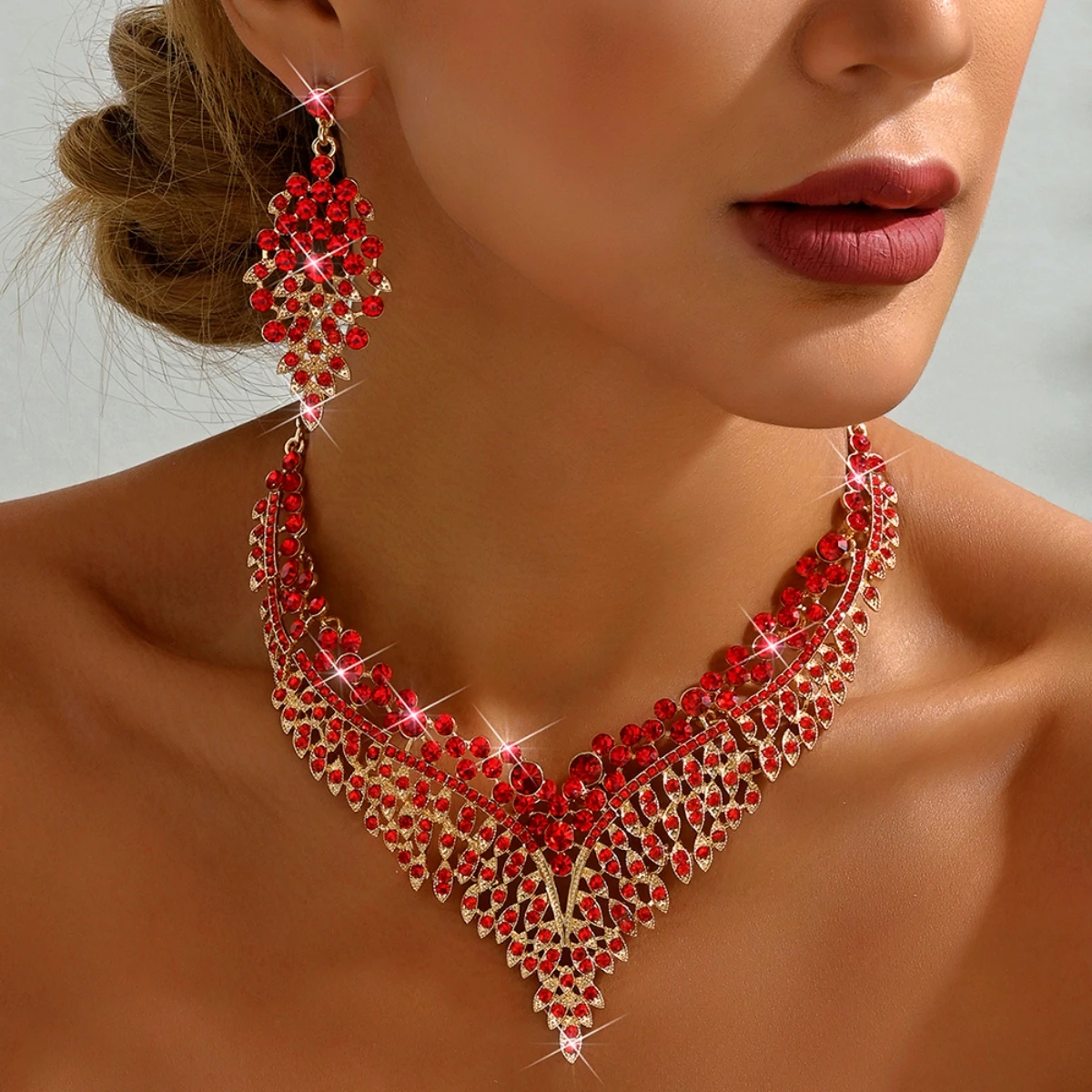 3PC Women\'s Fashion Starry Leaf Embellishments Necklace Earrings Jewelry Set Wedding Banquet Party Festival Gift 8884