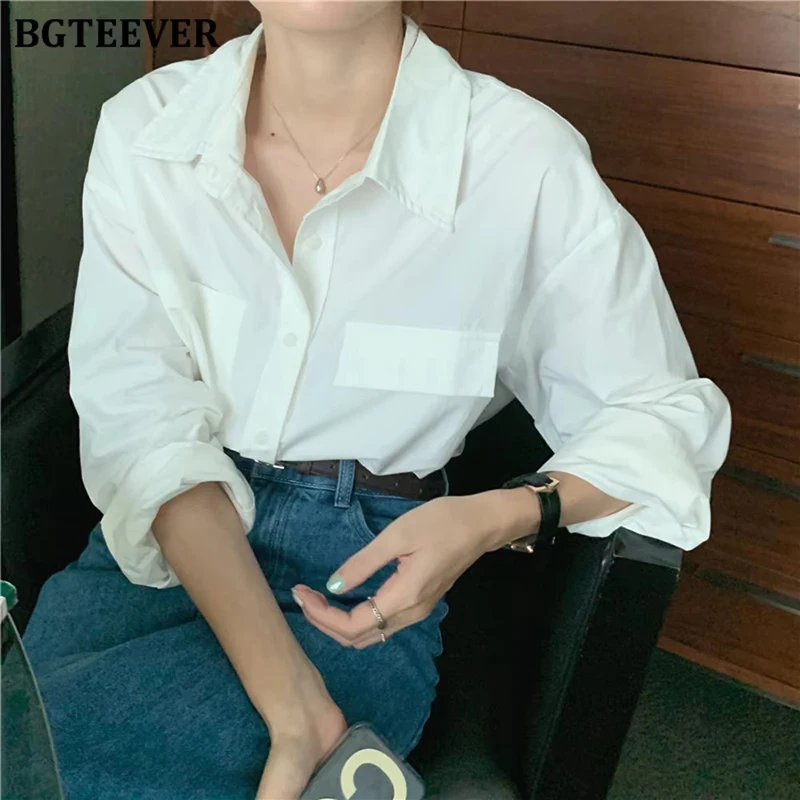 

BGTEEVER Chic Loose Lapel Female Shirts Blouses Elegant Full Sleeve Pocket Ladies Single-breasted Blouses Tops Spring Summer