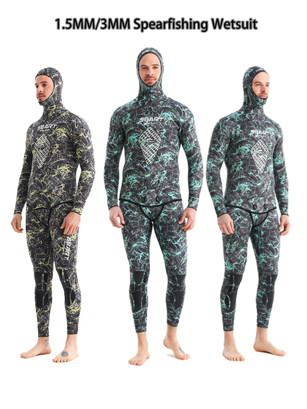 2023 Camouflage Spearfishing and Freediving Two-Piece Men Wetsuit 3mm /1.5mm Neoprene Super Stretch Hood Diving Snorkeling Suit