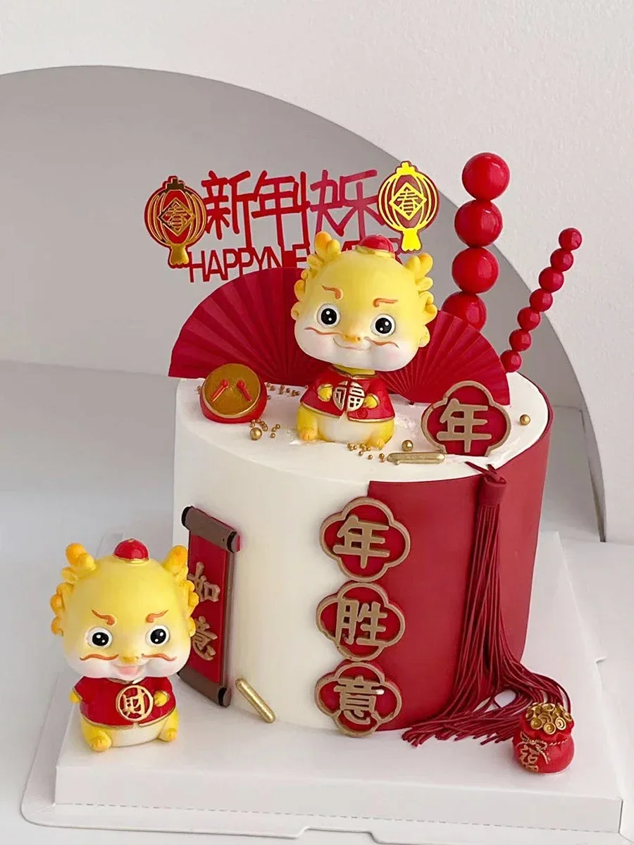 Chinese New Year 2024 Cake Topper Dragon Baby Ornament Dragon Year of Wealth Fortune for Kids 1st Birthday Full Moon Decorations