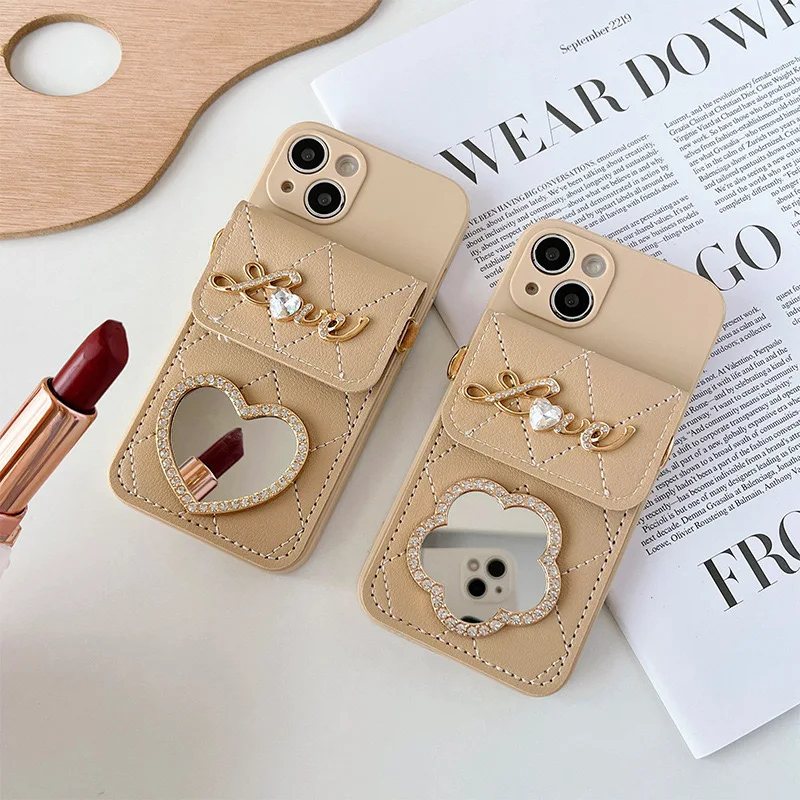 Crossbody Cord Makeup Mirror Card Phone Case For iPhone 15 14 13 12 11 All-inclusive Fall Proof Cute Girl Phone Case