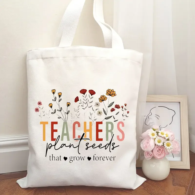 Vintage Wildflower Teachers Plant Seeds Quote Canvas Tote Bag Soft Handbag For Classroom Commute And Daily Grocery Shopping Use