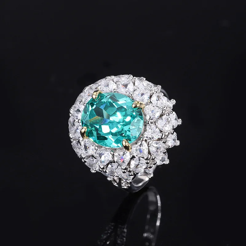 New fashion trend S925 silver inlaid 5A zircon emerald Paraiba full inlaid color separation ring for ladies