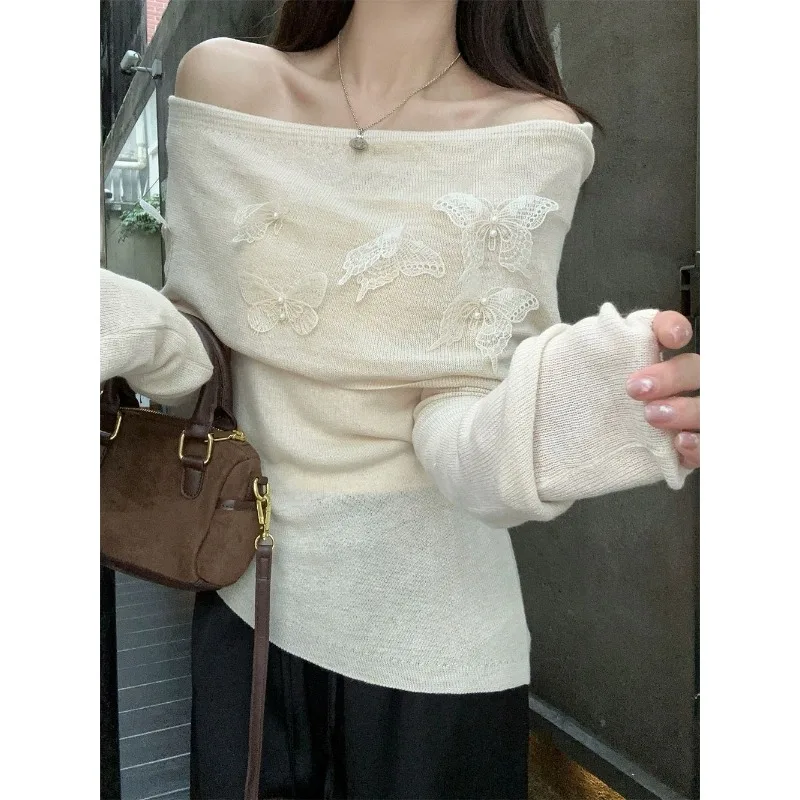 Deeptown Off Shoulder Women Sweater Harajuku Butterfly Elegant Korean Fashion Knitted Pullovers Autumn Slim Gyaru Sexy Aesthetic