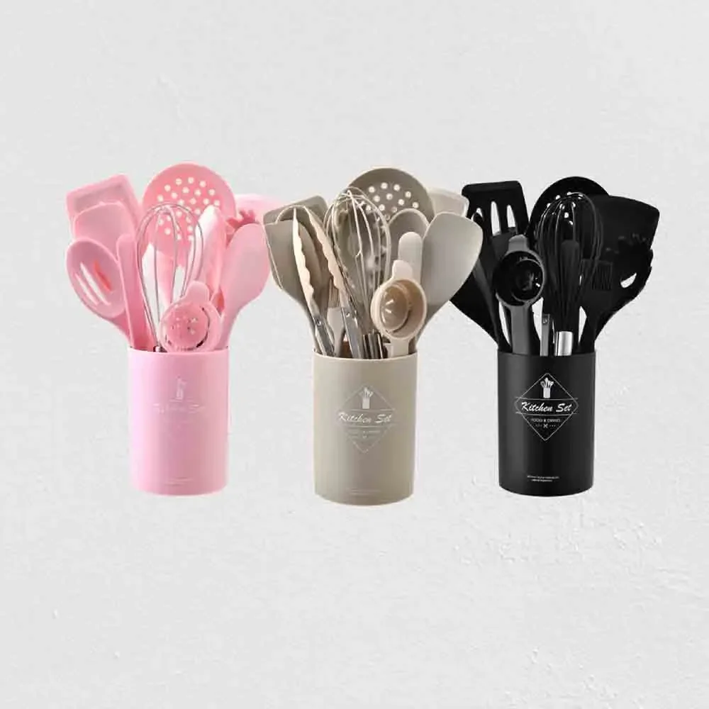 12/15Pcs Pink Food Grade Silicone Kitchen Cookware Utensils Set Turner Spatula Soup Spoon Practical Cooking Tool Kitchenware Set