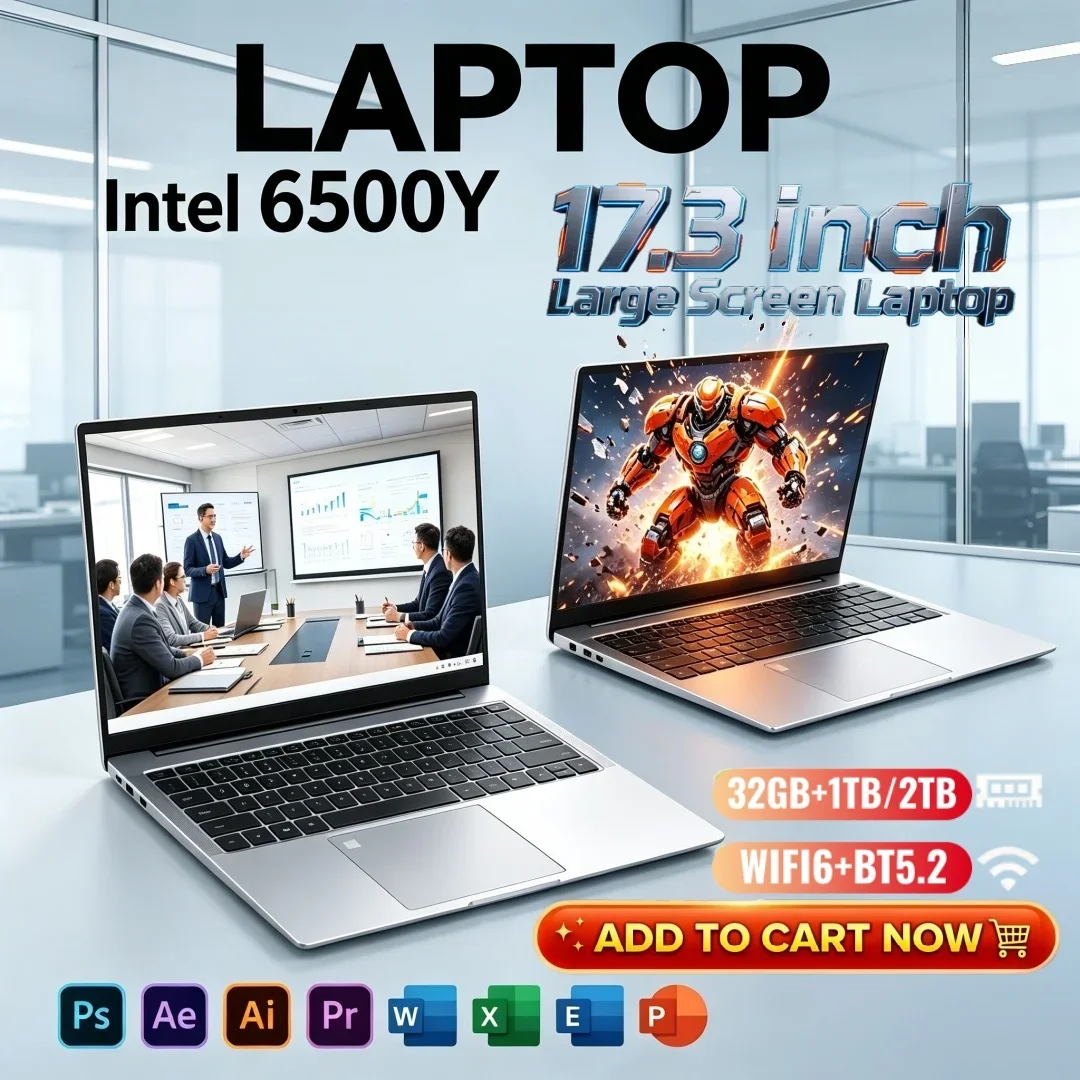 Large Screen Laptop Premium Intel 6500Y 17.3 Inch Windows11 Portable for Study Office 16/32GB RAM 1/2TB BIG SSD Bright