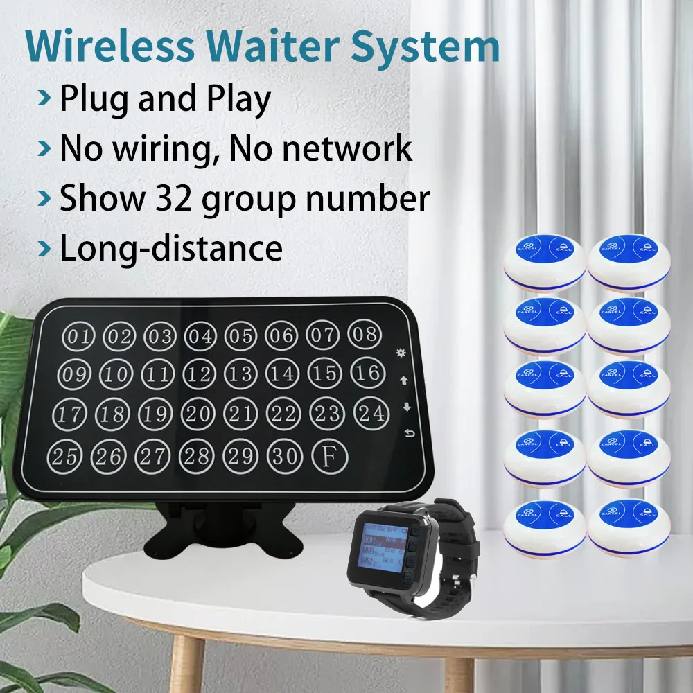 Waiter Call System Restaurant Call Bell Button Kitchen Table Pager Wireless Calling System 1 Display 10 Buttons and 2 watches