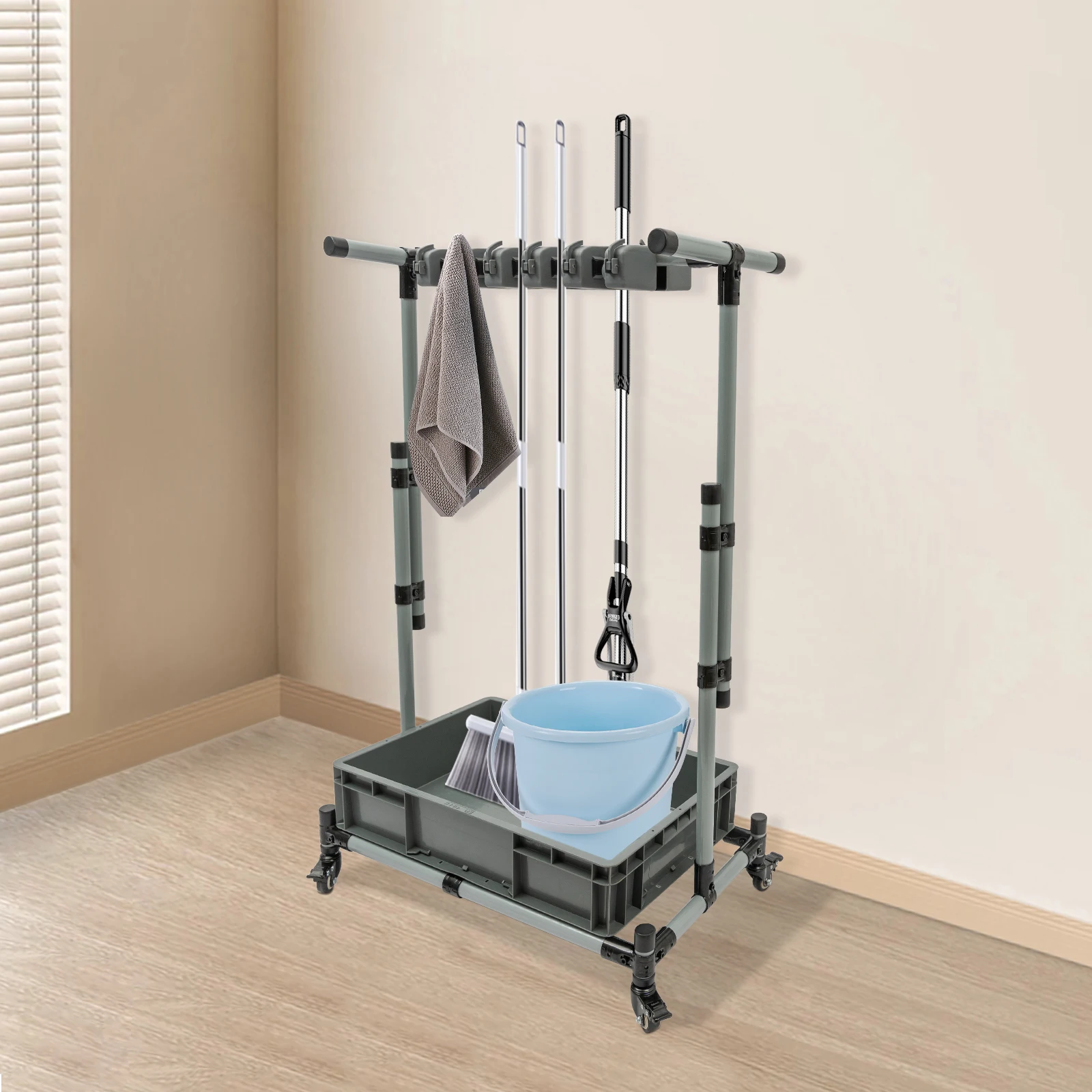 

Movable Mop Broom Holder Height Adjustable Floor Standing Cleaning Tool Cart 10 Slots Cleaning Supplies Organizer with Wheels