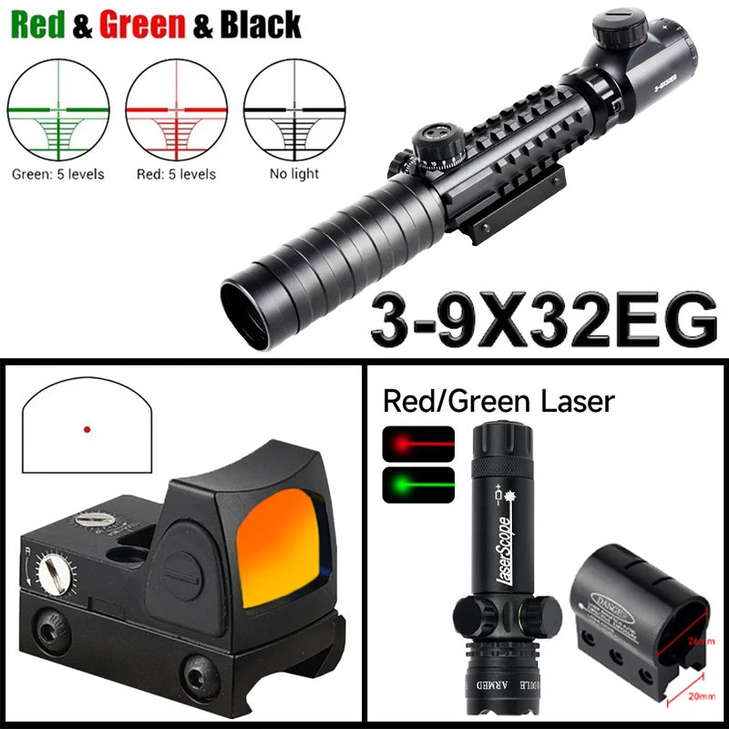 3-9X32EG نطاقات أحمر/أخضر لونين متقاطع Riflescope ريد دوت ليزر ومصباح يدوي في الهواء الطلق التكتيكية البصرية كومبو الصيد #2