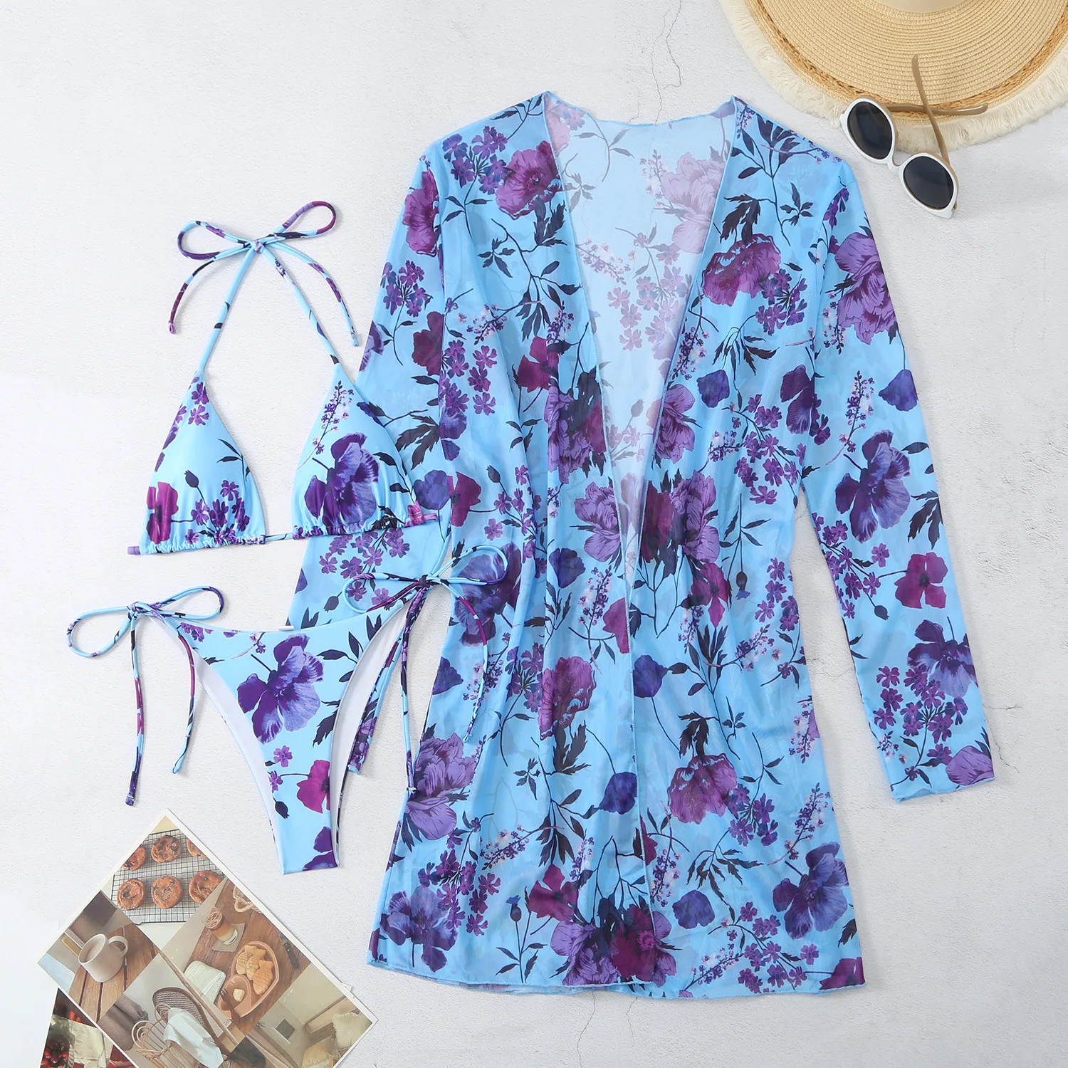 Women Bathing Suit 3 Piece Swimsuit with Kimono String Bikini Sets Long Sleeve Beach Cover Up Swimwear Print Pool Swimming Suit