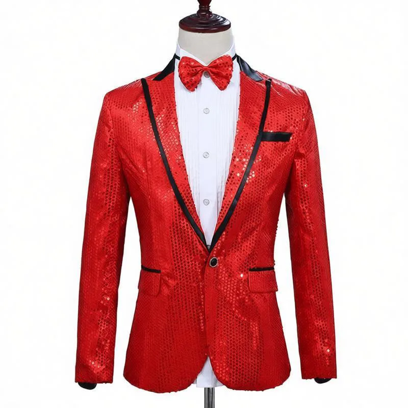 

Glitter Men’s Stage Blazer with Bow Tie Peak Lapel Man Sequin Suit Jacket Single Button