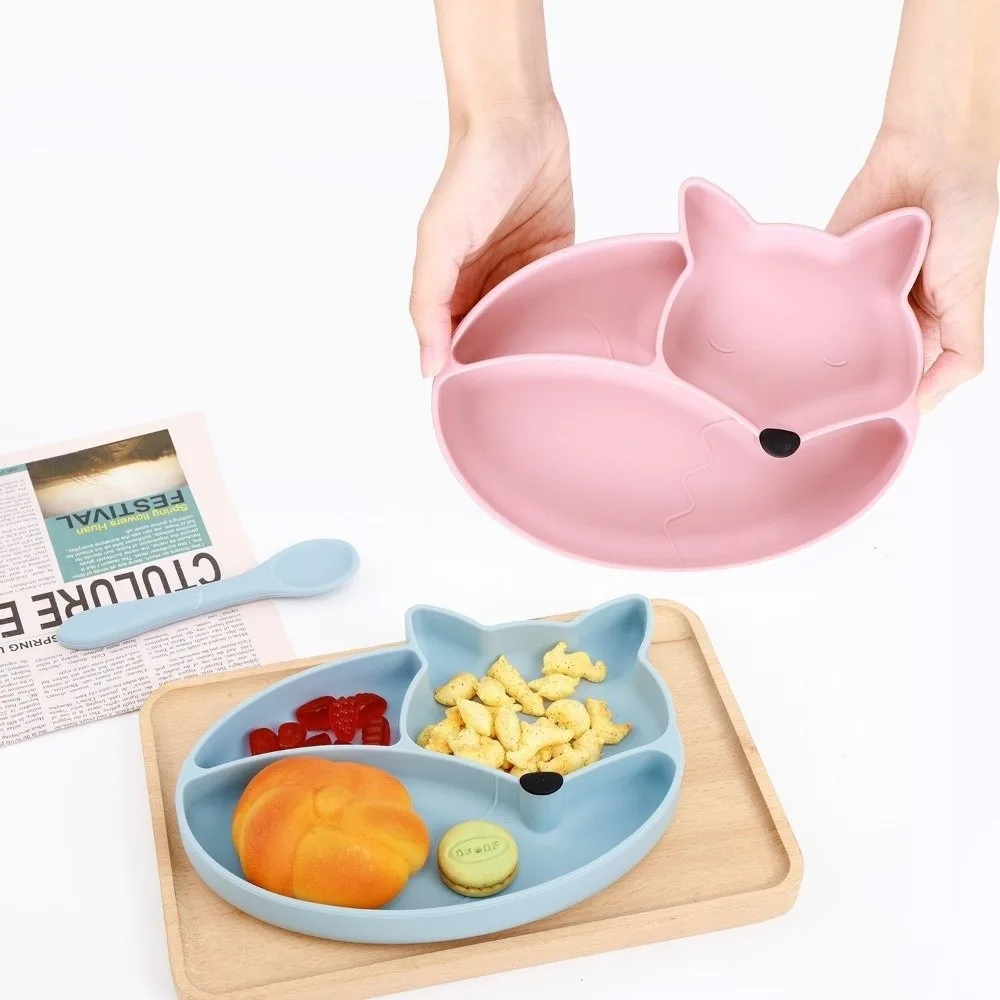 

Premium Silicone Suction Plate Food Grade Divided Grip Dish Dishwasher Safe Cartoon Fox Baby Bowls Children Feeding Supplies