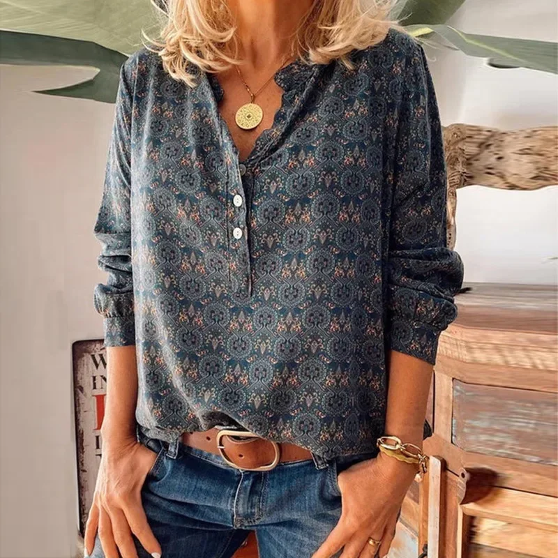 

Горячая распродажа сезона Wishshirt Трансграничная горячая распродажа Новая женская рубашка с длинным рукавом с винтажным принтом Весна Осень Slim Fit с v-образным вырезом