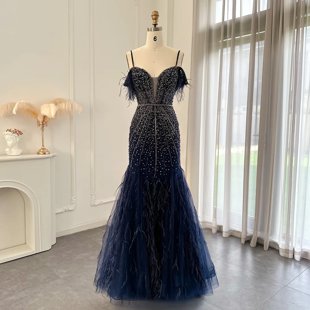 Sharon Said Luxury Feather White Nude Prom Evening Dress Mermaid Navy Blue Wedding Formal Party Gown SS121 Customized