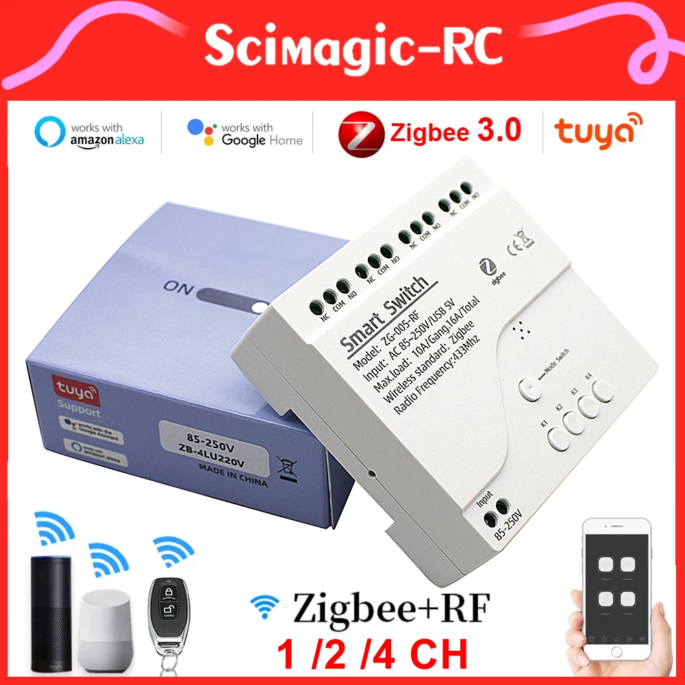 1/2/4 Channel 7-32V 220V Zigbee 3.0 Tuya Smart Home Smart Life Switch Automatic Module Control using WiFi and 433.92mhz RF