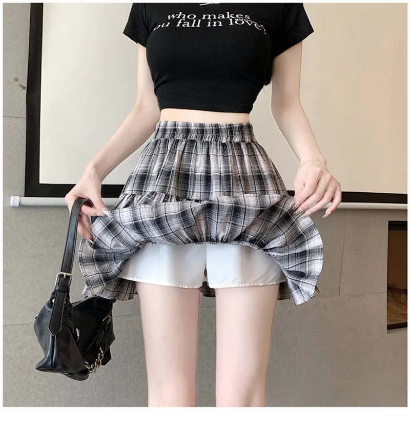 Sweet Pink Plaid Mini Short Skirts Womens Luxury Dancing Half Length Skirts Elastic Waist Sexy A-Line Skirt for Girl