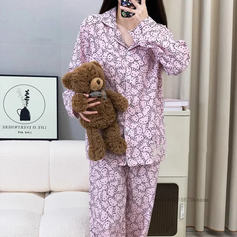 Sanrio Hello Kitty Full Print Cartoon Cotton Pajamas Japanese Style Sweet Y2k Girl Sleepwear Women New Long Sleeved Home Clothes