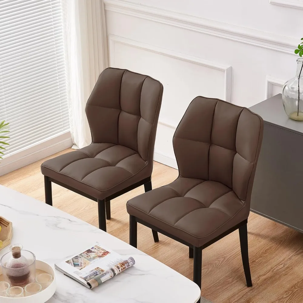 Set of 2 Mid Century Modern Kitchen Chairs, Upholstered Armless Dining Chairs, Leather Dining Room Chairs with Plaid Back