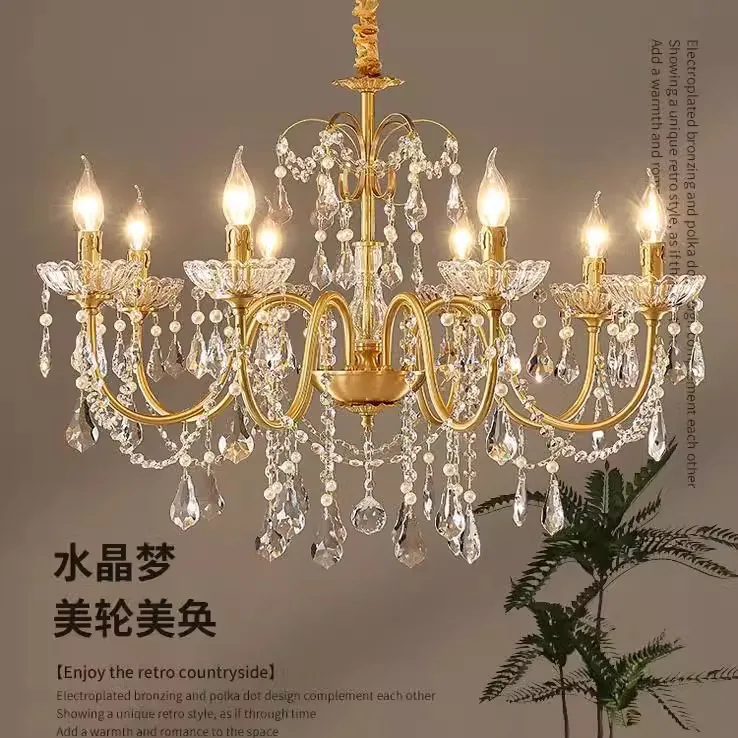 

American candle all-copper crystal chandelier, retro living room dining room main light, European luxury bedroom study gold ligh