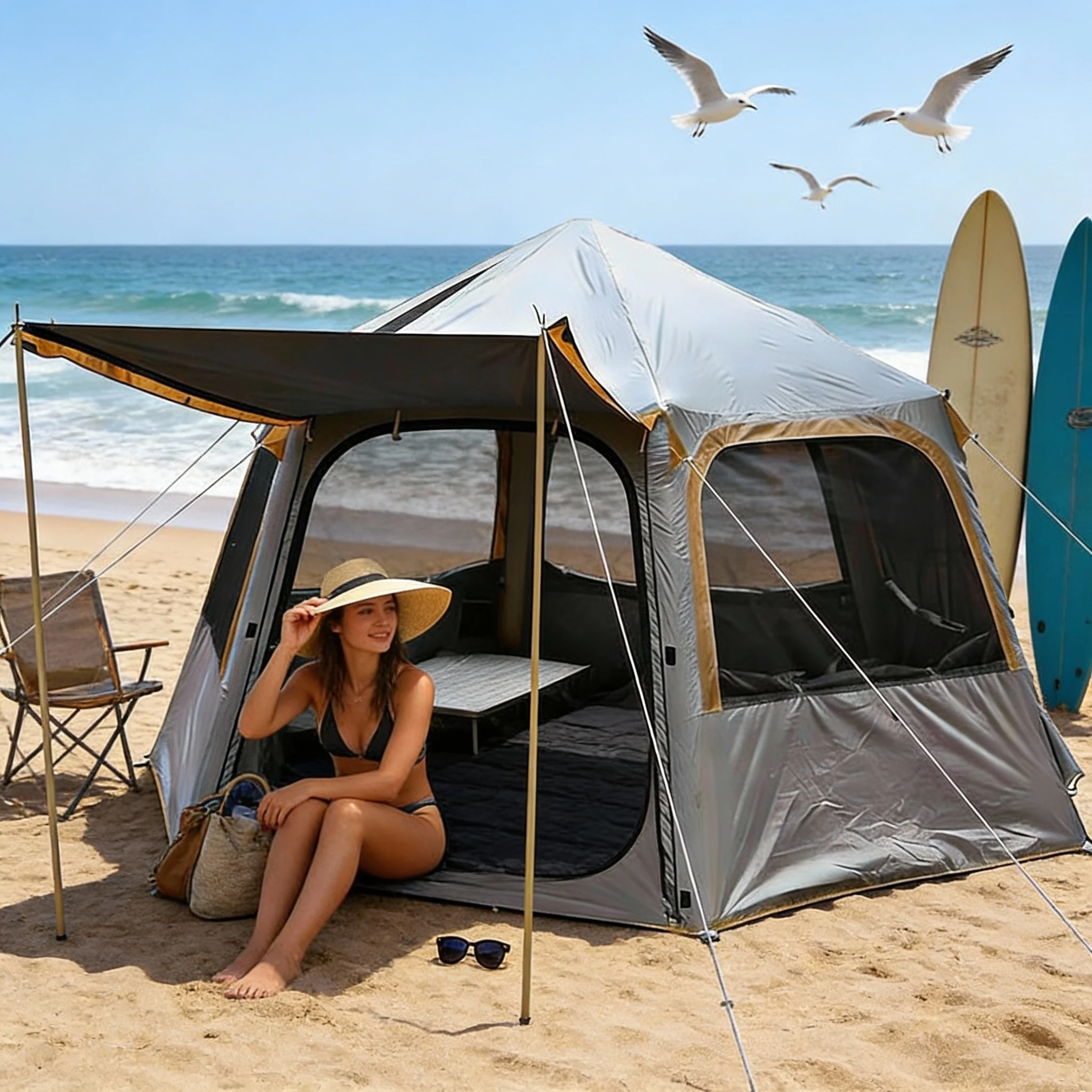 Waterproof Portable Inflatable Air Tent Quick Automatic Opening for Four-season Family Hiking Trips Lightweight Oxford
