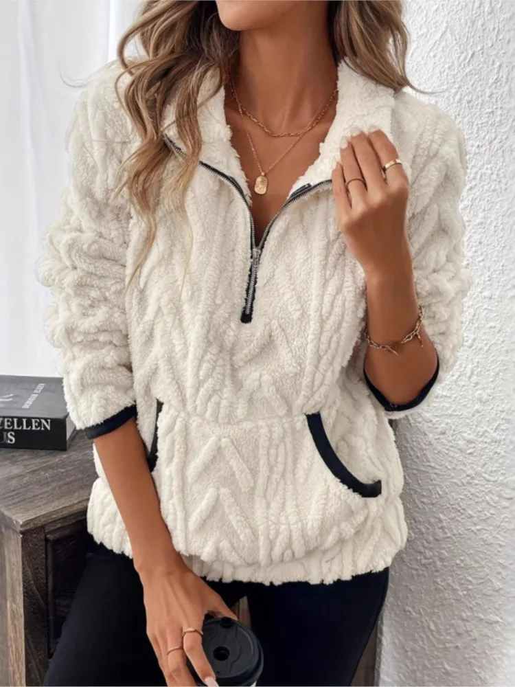 

Casual Solid Hoodie Pullover For Women Long Sleeve Lapel Zipper Tops Female Autumn Winter Fashion Office Ladies Work Warm Top