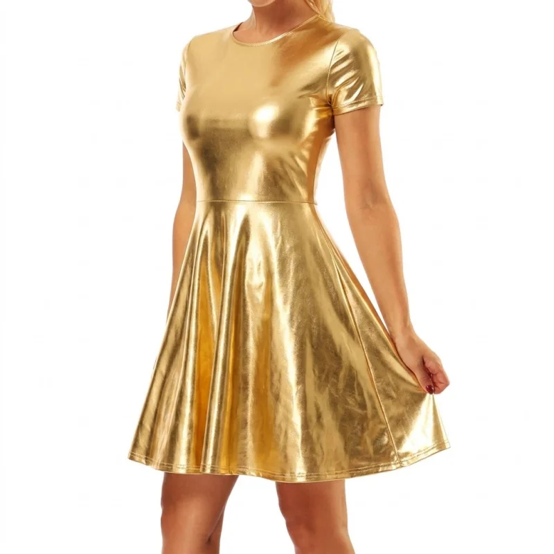 Glänzendes, kurzes Kleid mit Rundhalsausschnitt, Skater-Schnitt, Mini-Länge, Laser-Regenbogen-Silber-Lila, ausgestelltes, fließendes Design, Kostüm, Party, Club, Nachtclub-Kleid – Detail 8