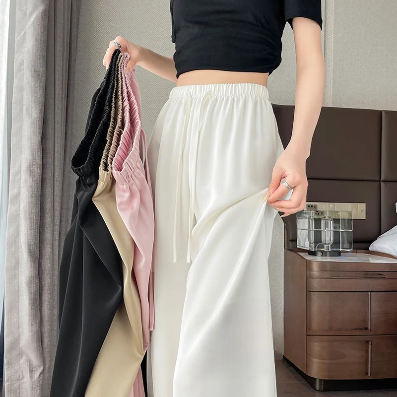 

Женские летние тонкие брюки из ацетатного шелка с широкими штанинами, свободные прямые брюки из атласа, зауженная версия, солнцезащитные, прохладные, повседневные, высокого качества