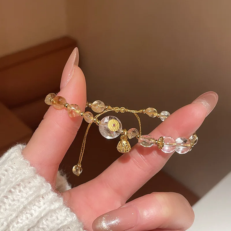 

Natural Yellow Crystal Yellow Topaz Adjustable Braided Woven Women Bracelets Round Metal Lotus Charm Bangle Christams Gifts 1665
