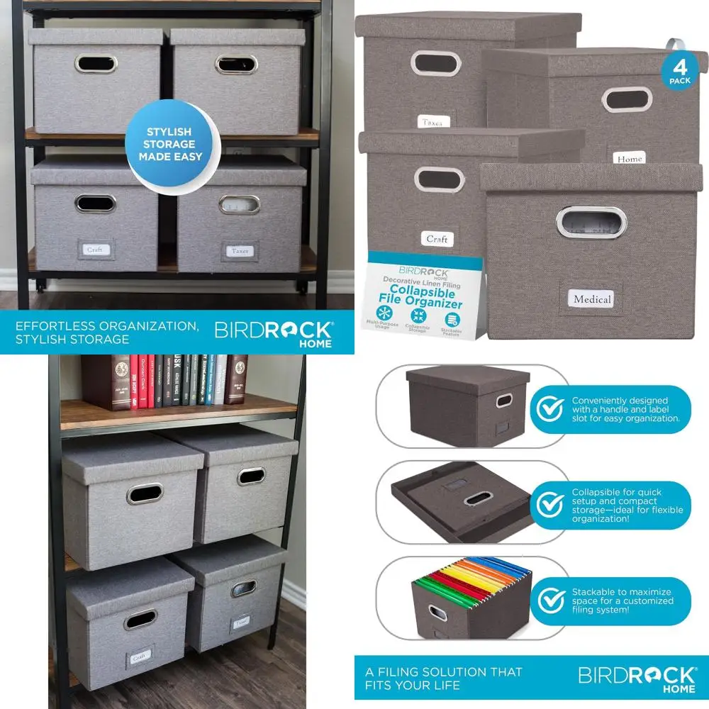 

Серые складные органайзеры для хранения с крышкой (4 шт.) - Льняные тканевые коробки для офисных документов, для подвесных папок формата Letter/Legal