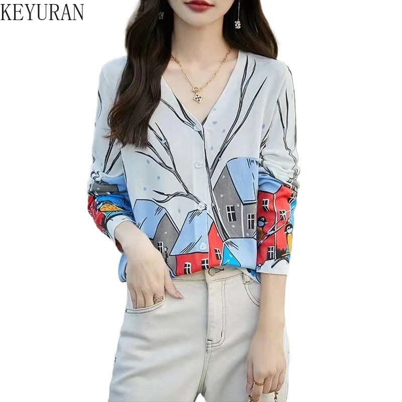 2024 Autumn Printed Knitted Cardigan Women Vintage V-neck Long Sleeve Single Breasted Female Sweater Fashion Lady Knitwear Tops