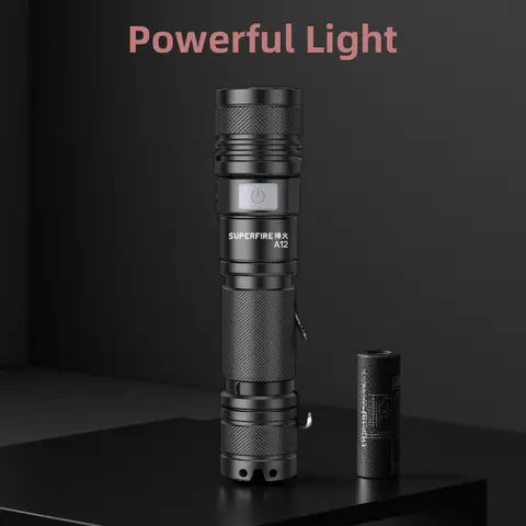SUPERFIRE A12 Powerful LED Flashlight USB C Rechargeable Zoomable 18650 EDC Torch 5 Mode Emergency Light Camping Fishing Lantern