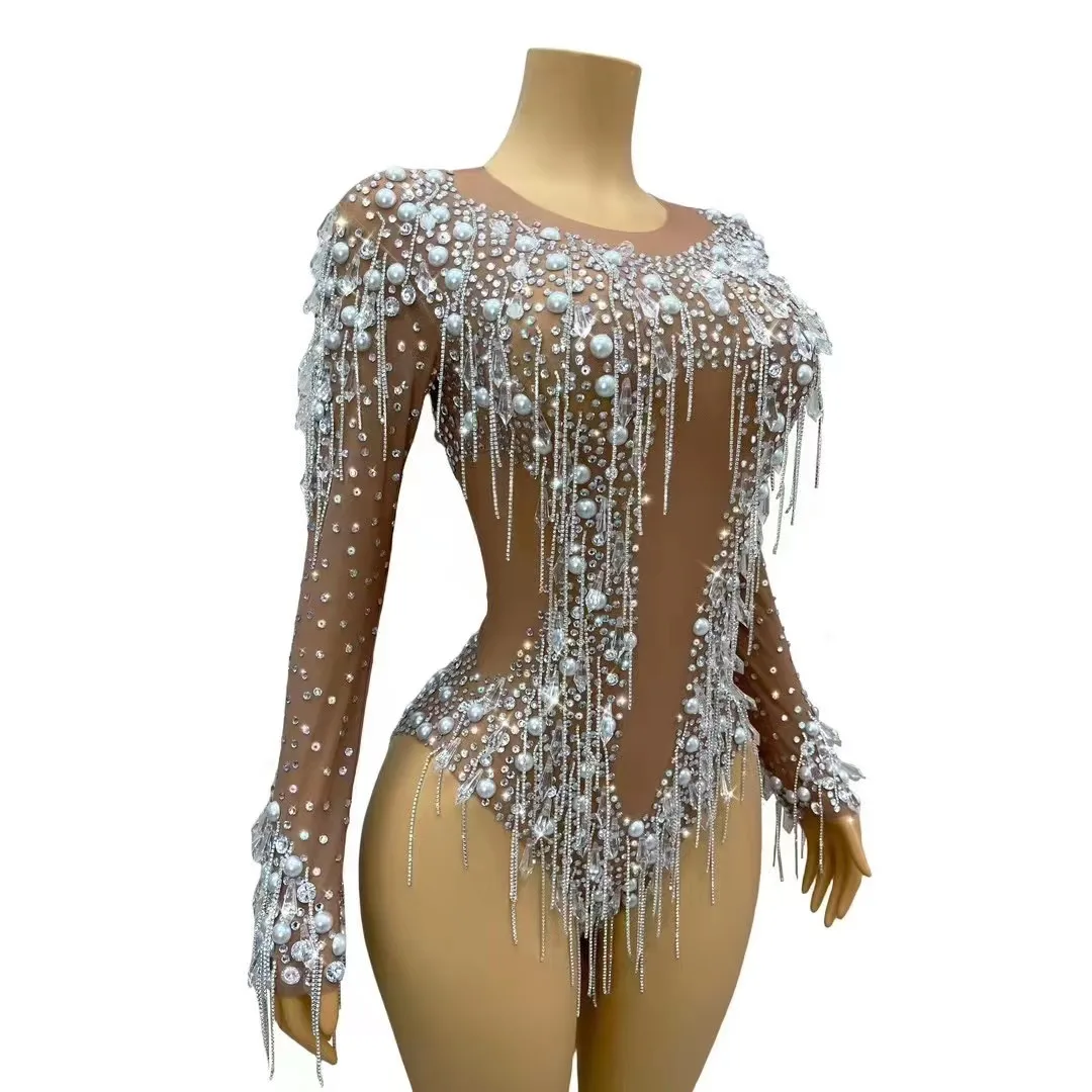 Sparkly Rhinestones Chains Pearls Bodysuit Women Sexy Mesh See Through Long Sleeve Performance Dance Costume Show Stage Wear