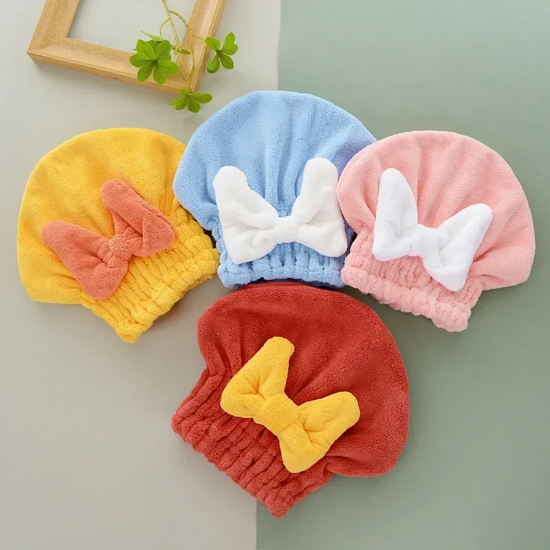 Woman Bow Coral Velvet Dry Hair Cap Super Absorbing Quick Drying Thickened Bath Cap Girls Hair Shower Hat Wrapped Towels